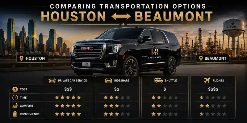 GMC Yukon luxury transportation comparison graphic between Houston and Beaumont featuring private car service, rideshare, shuttle, and flight options with Lavish Ride branding, highlighting comfort, convenience, travel time, and reliability.